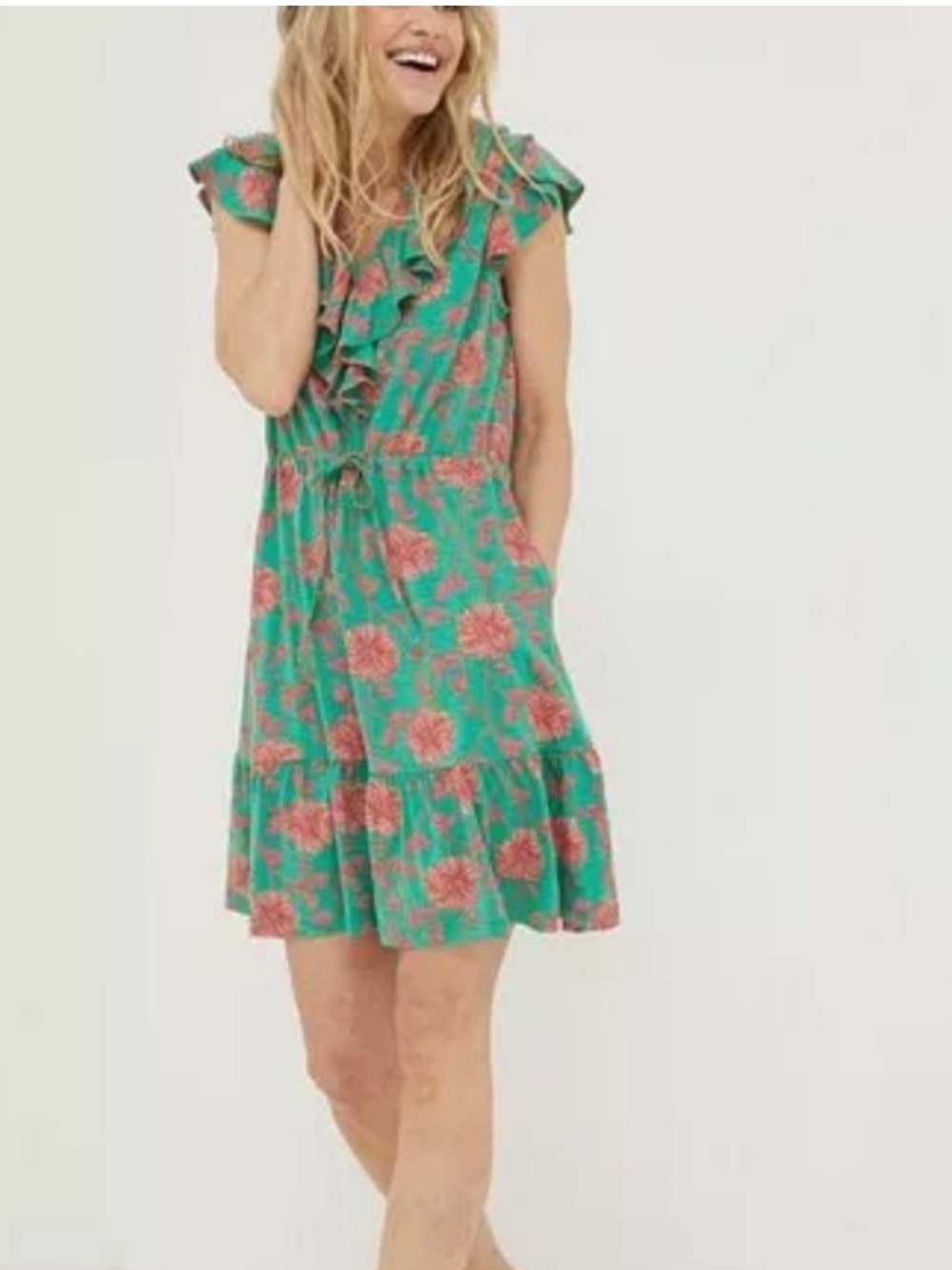 Fatface Riley Bali Jersey Dress Green Floral Print Short Sleeve Mini Dress 4
